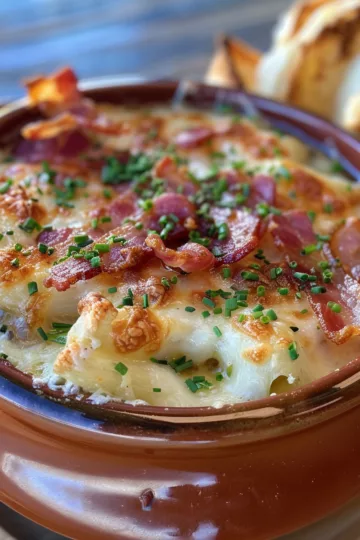 crock pot french onion soup with Crispy Bacon taken with iphone 15 pro max --iw 2 --ar 4:5 --v 6.0 --raw