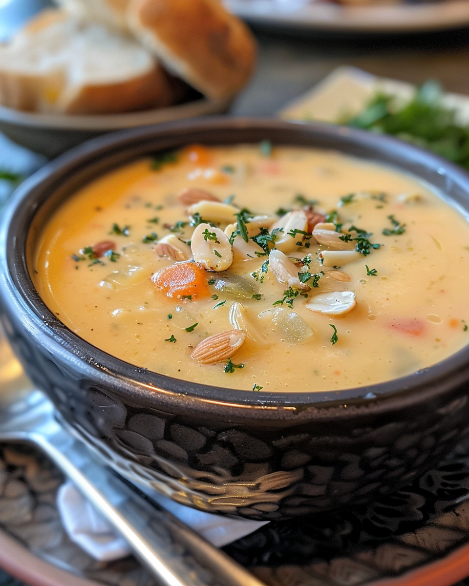 Finished Dixie Stampede creamy vegetable soup served in a bowl with almonds and honey drizzle
