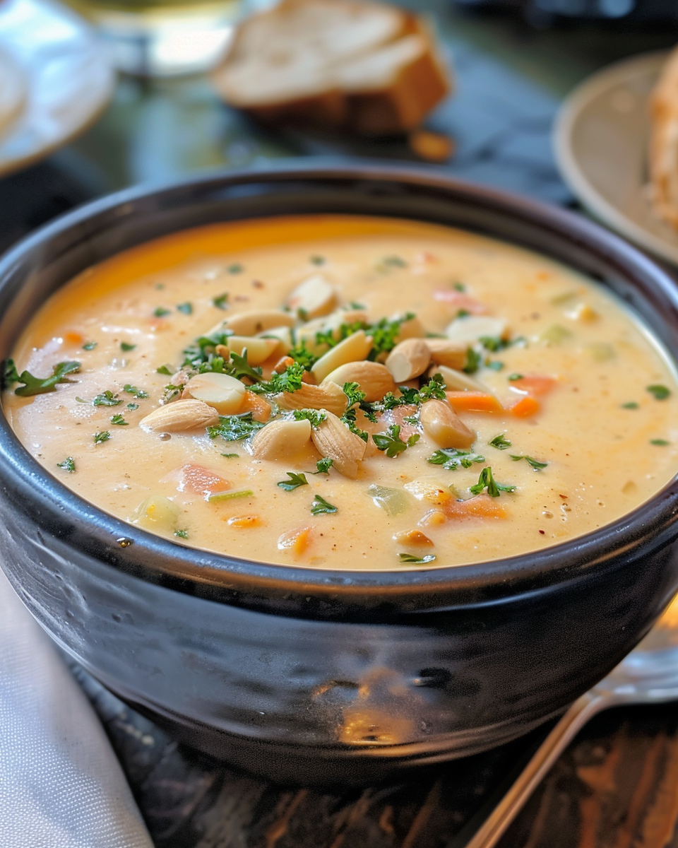 Creamy Dixie Stampede vegetable soup with almonds and honey in a bowl