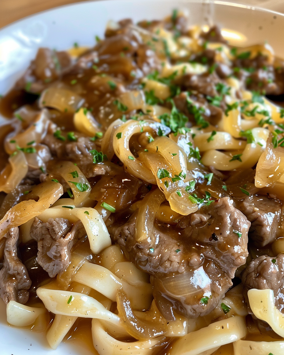 Ingredients for honey mustard beef and noodles with caramelized onions and ground beef