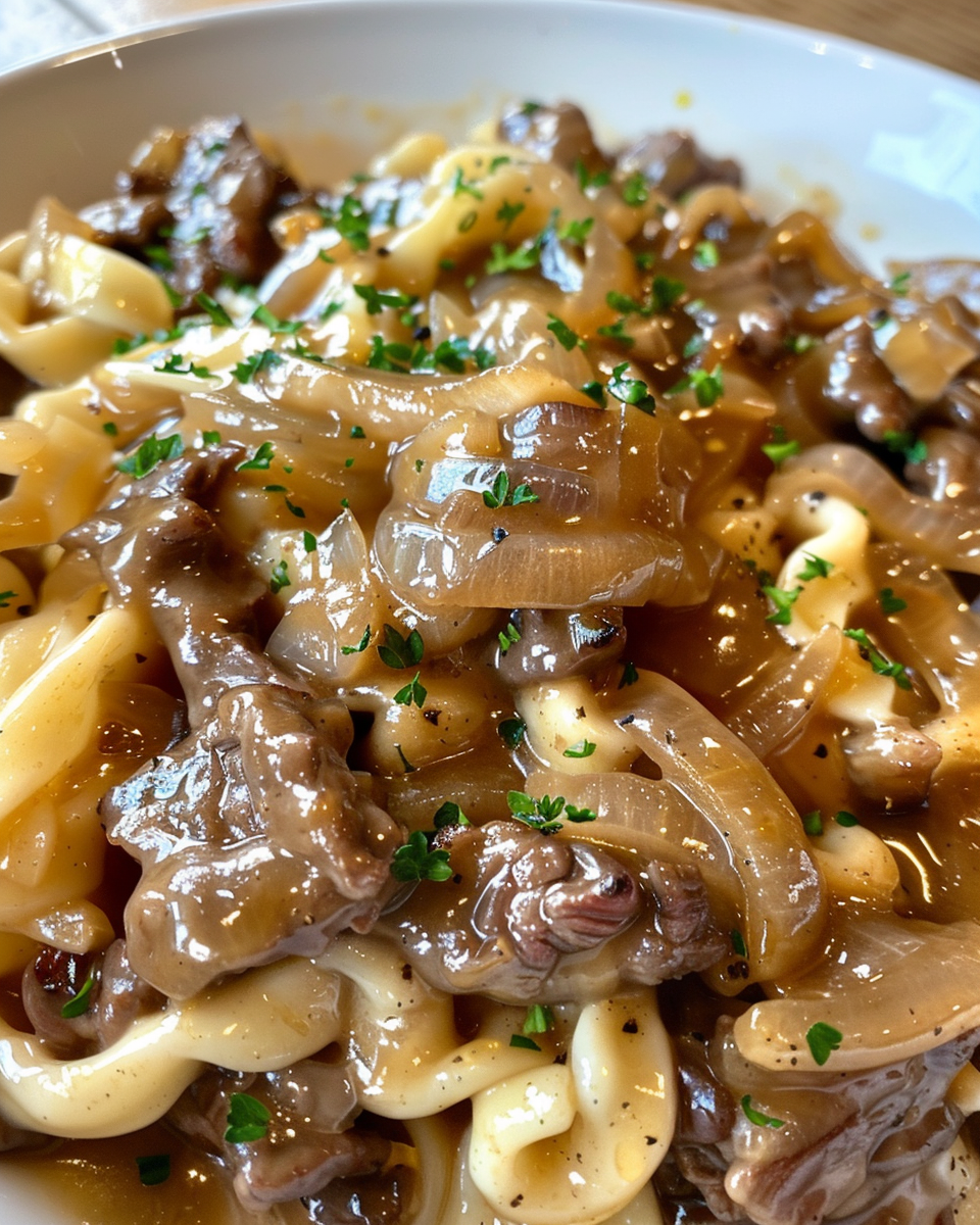 Finished honey mustard beef and noodles served with parsley garnish
