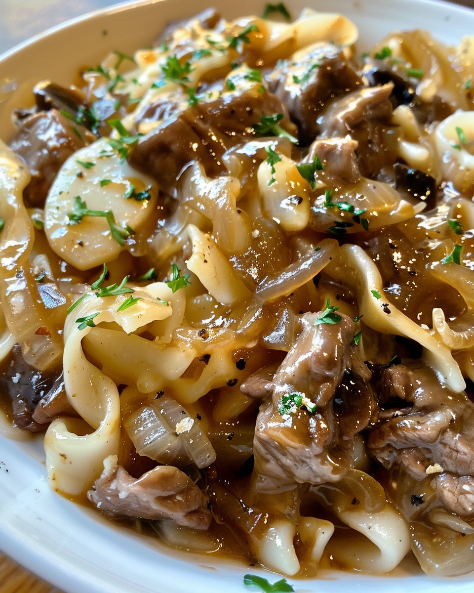 Pressure cooker with caramelized onions and ground beef for honey mustard beef and noodles