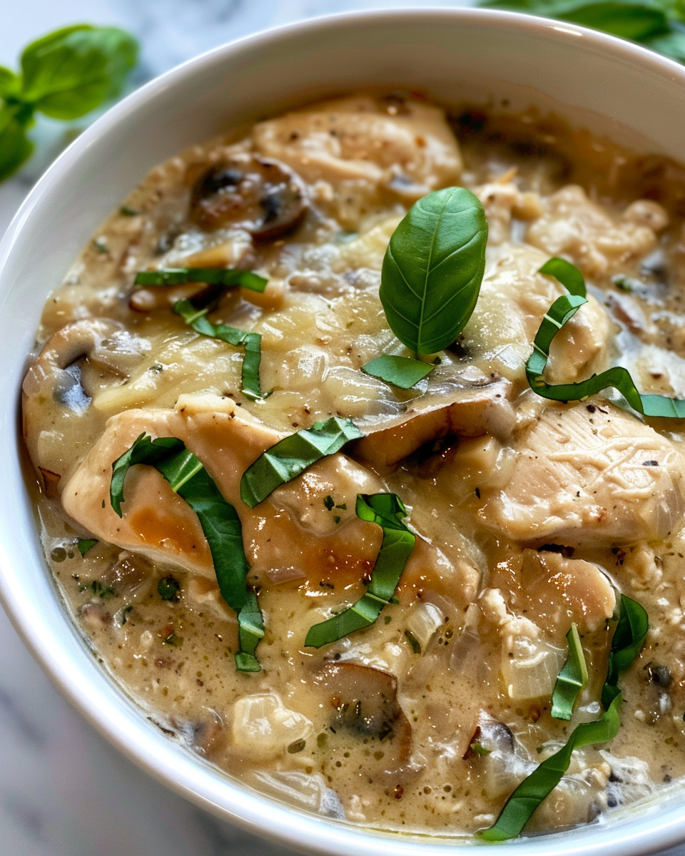 Creamy Tuscan crockpot chicken with fresh basil garnish