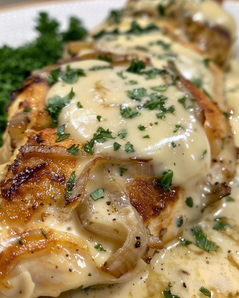 Plated French onion chicken with creamy cheese sauce and caramelized onions