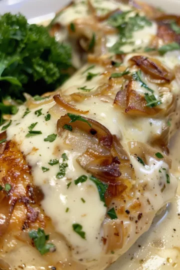 french onion chicken with Creamy Alfredo Sauce taken with iphone 15 pro max --iw 2 --ar 4:5 --v 6.0 --raw