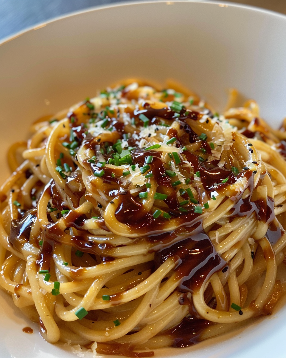 Finished creamy orecchiette pasta with caramelized onions and herbs served
