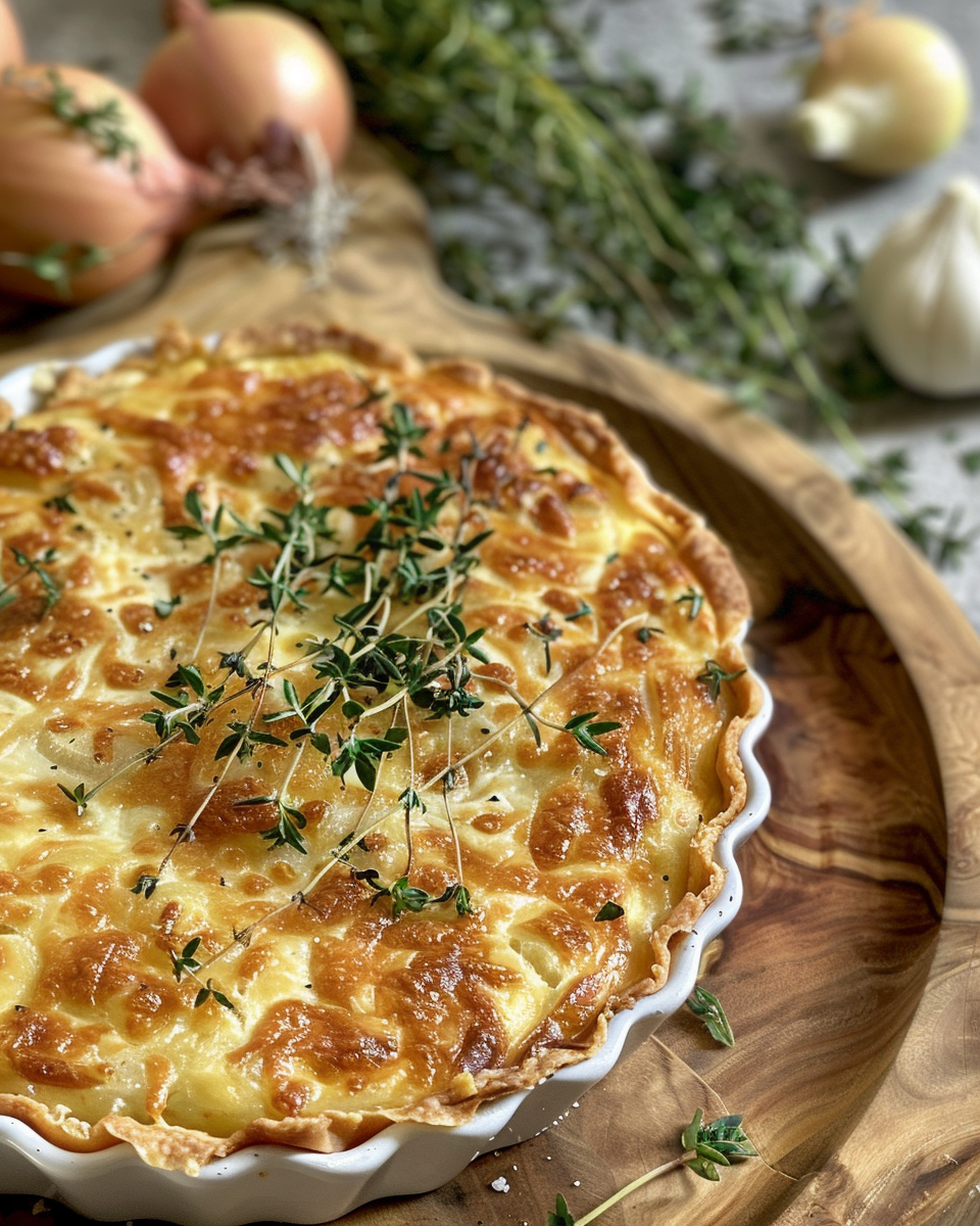 Freshly baked French onion tart with oregano and thyme in skillet