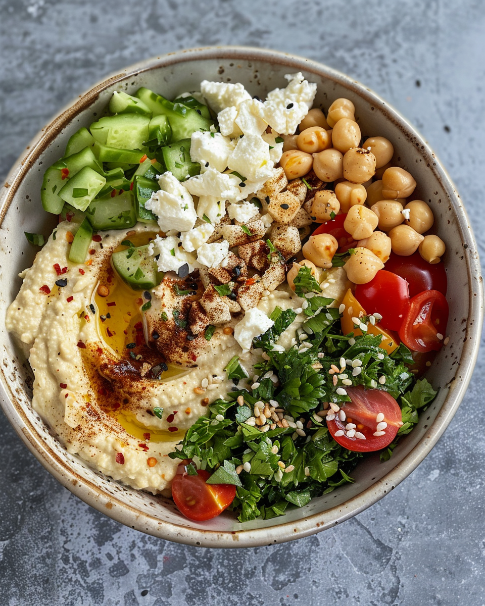 Final served hummus bowl with ground turkey, fresh vegetables, yogurt, and feta cheese crumble