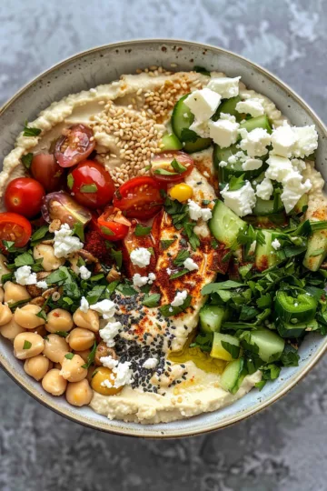 hummus bowl with Feta Cheese Crumble taken with iphone 15 pro max --iw 2 --ar 4:5 --v 6.0 --raw