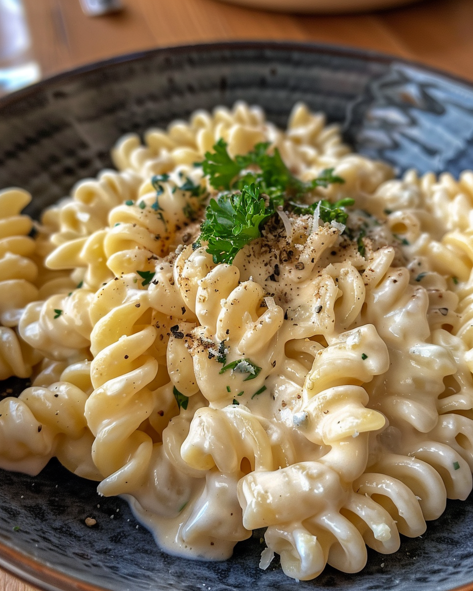 Finished serving of creamy baked hummus pasta with fresh basil garnish