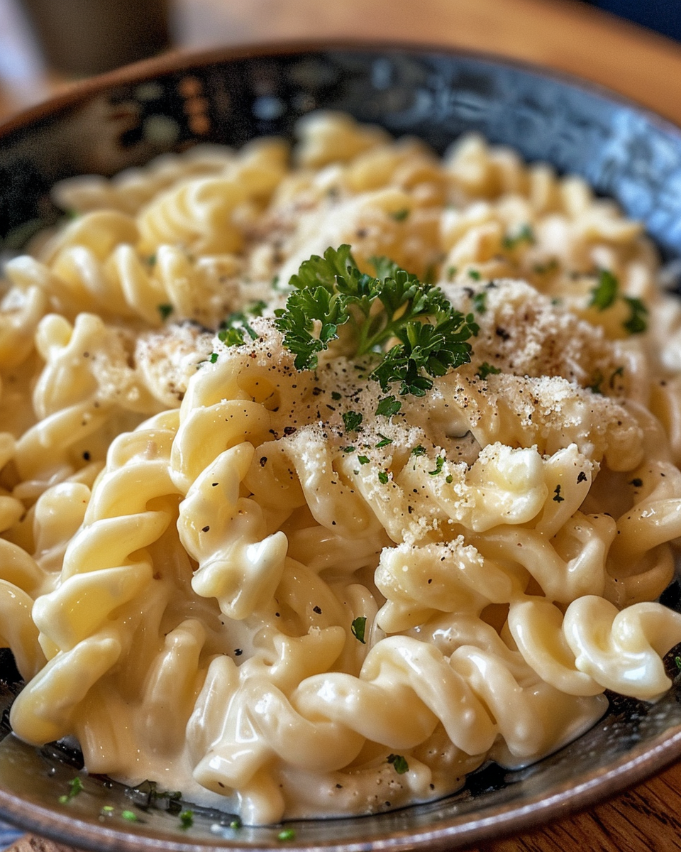 Creamy hummus pasta steaming fresh from the pot with roasted cherry tomatoes