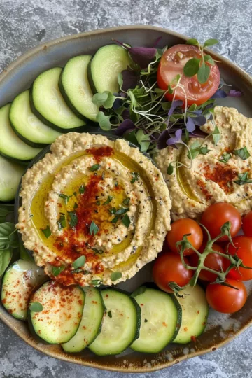 hummus platter with Zucchini and Tomatoes taken with iphone 15 pro max --iw 2 --ar 4:5 --v 6.0 --raw