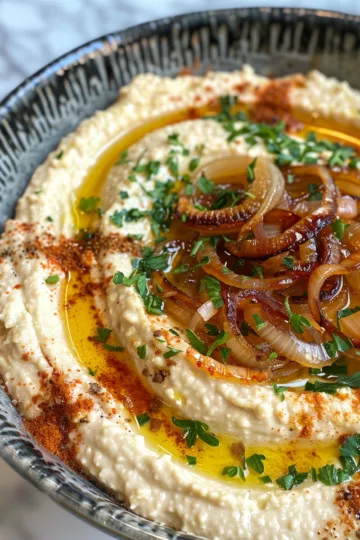 hummus recipe with Caramelized Onions taken with iphone 15 pro max --iw 2 --ar 4:5 --v 6.0 --raw