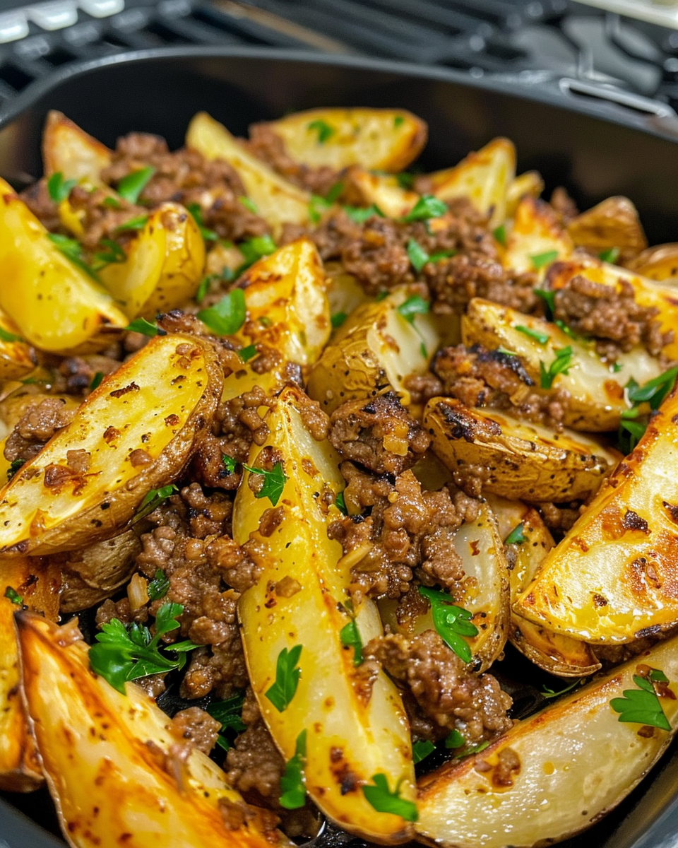 Air fryer potato wedges cooking to golden crispiness