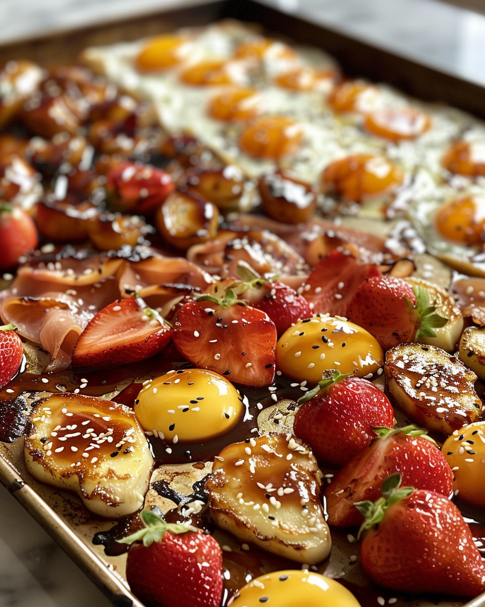 Sheet pan with baked eggs in wells surrounded by roasted veggies and teriyaki glaze