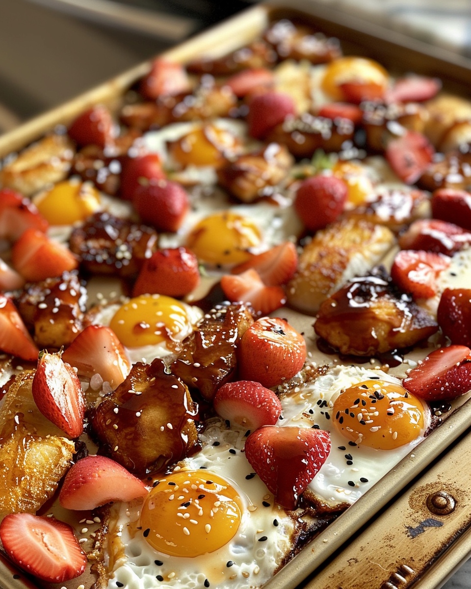 Sheet pan breakfast with teriyaki glaze cooking in oven with potatoes and eggs