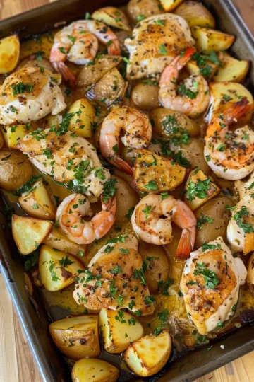 sheet pan chicken and potatoes with Shrimp and Garlic Butter taken with iphone 15 pro max --iw 2 --ar 4:5 --v 6.0 --raw