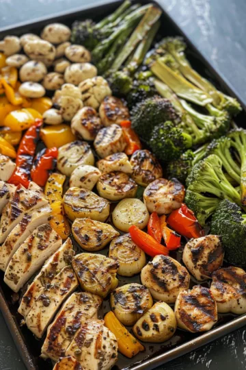 sheet pan chicken and veggies with Grilled Chicken taken with iphone 15 pro max --iw 2 --ar 4:5 --v 6.0 --raw
