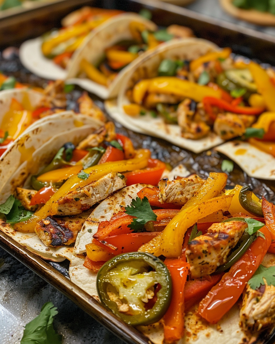 Final plated sheet pan chicken fajitas with honey mustard dressing served