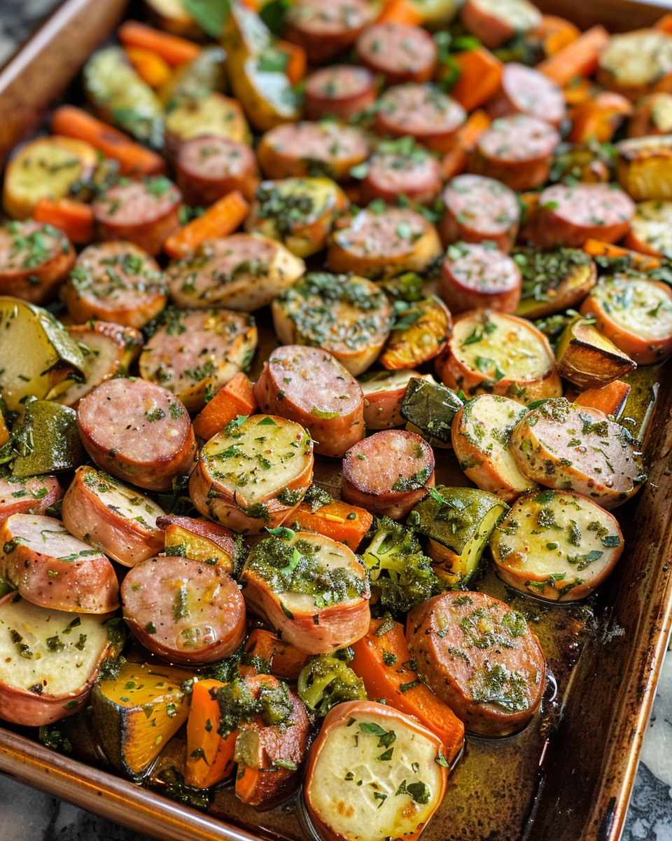Ingredients for sheet pan sausage and veggies with turkey slices and spices