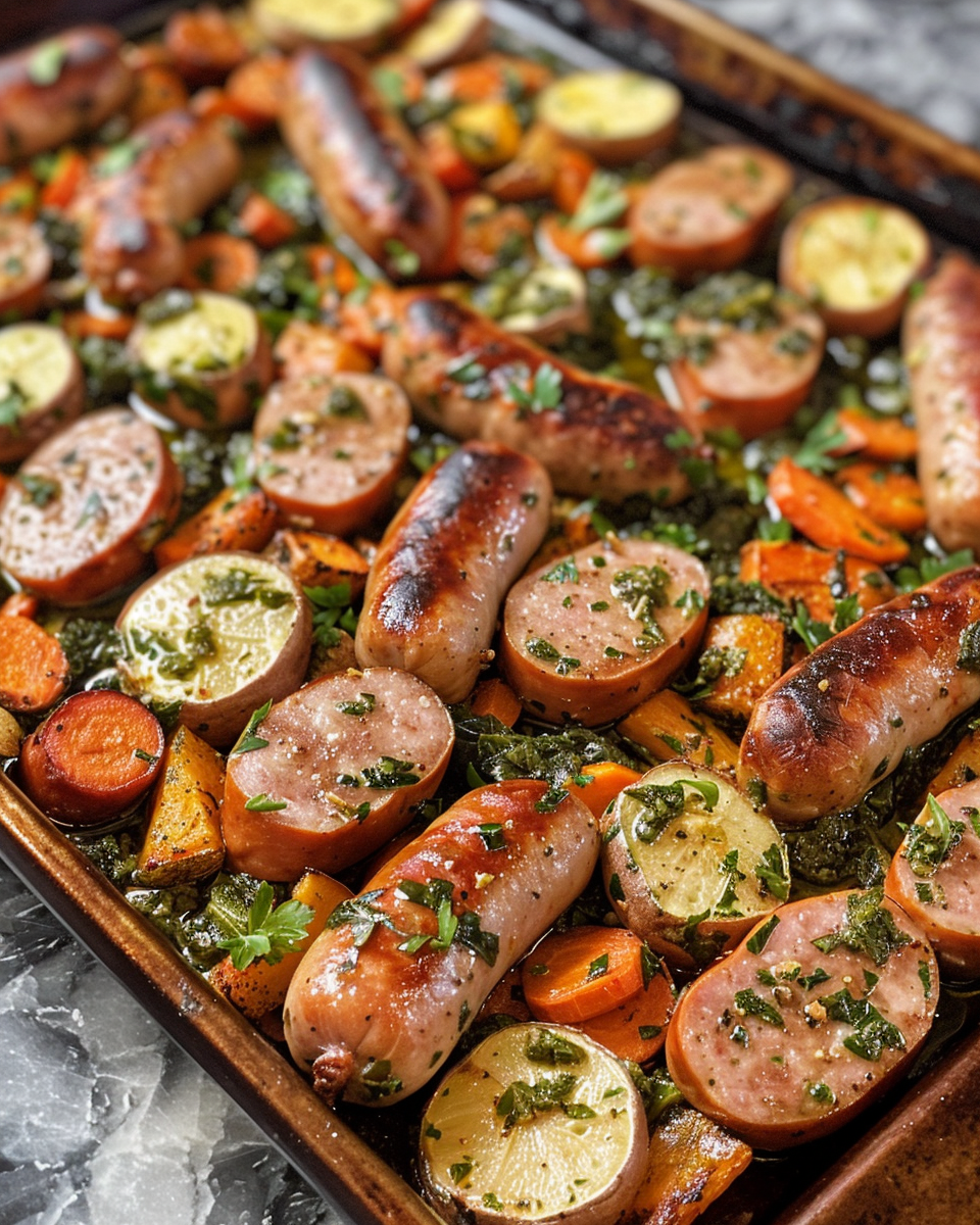 Finished sheet pan sausage and veggies plated and ready to eat