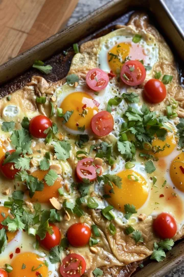 sheet pan eggs with Spicy Peanut Sauce taken with iphone 15 pro max --iw 2 --ar 4:5 --v 6.0 --raw