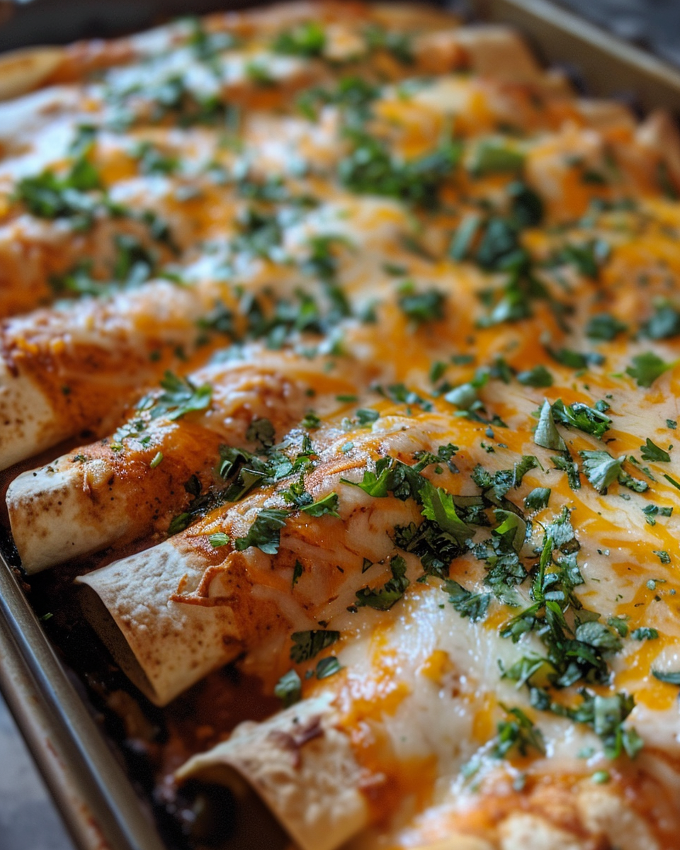 Sheet pan enchiladas baking in oven with chili flakes