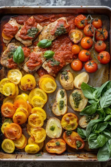 sheet pan meals with Tomato Basil Sauce taken with iphone 15 pro max --iw 2 --ar 4:5 --v 6.0 --raw