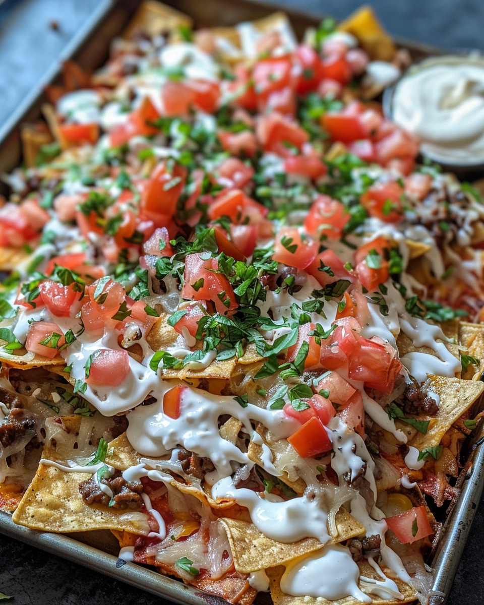 Sheet pan nachos with creamy Alfredo sauce and sizzling sausage in skillet