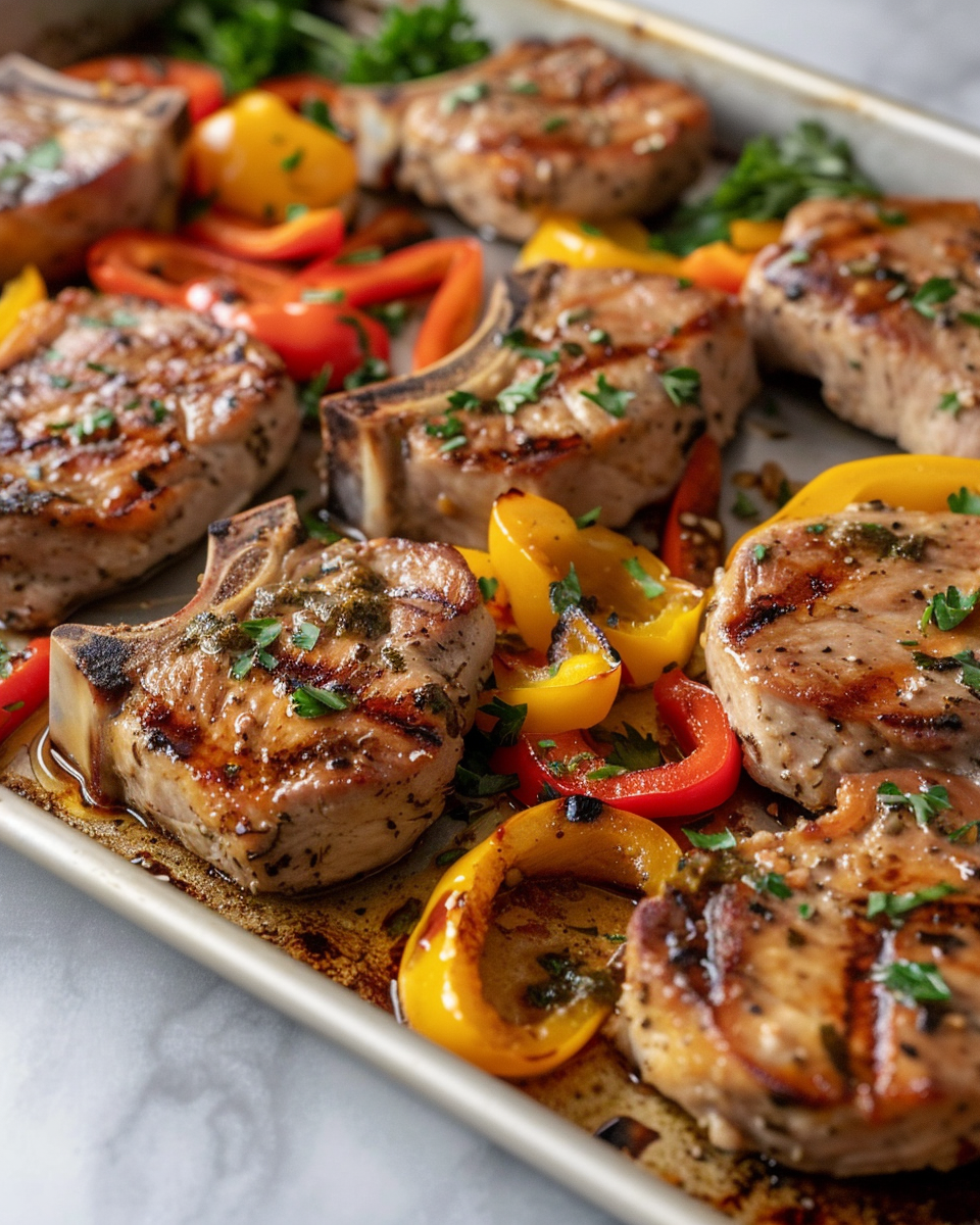 Ingredients for sheet pan pork chops including peppers, onion, and broccoli