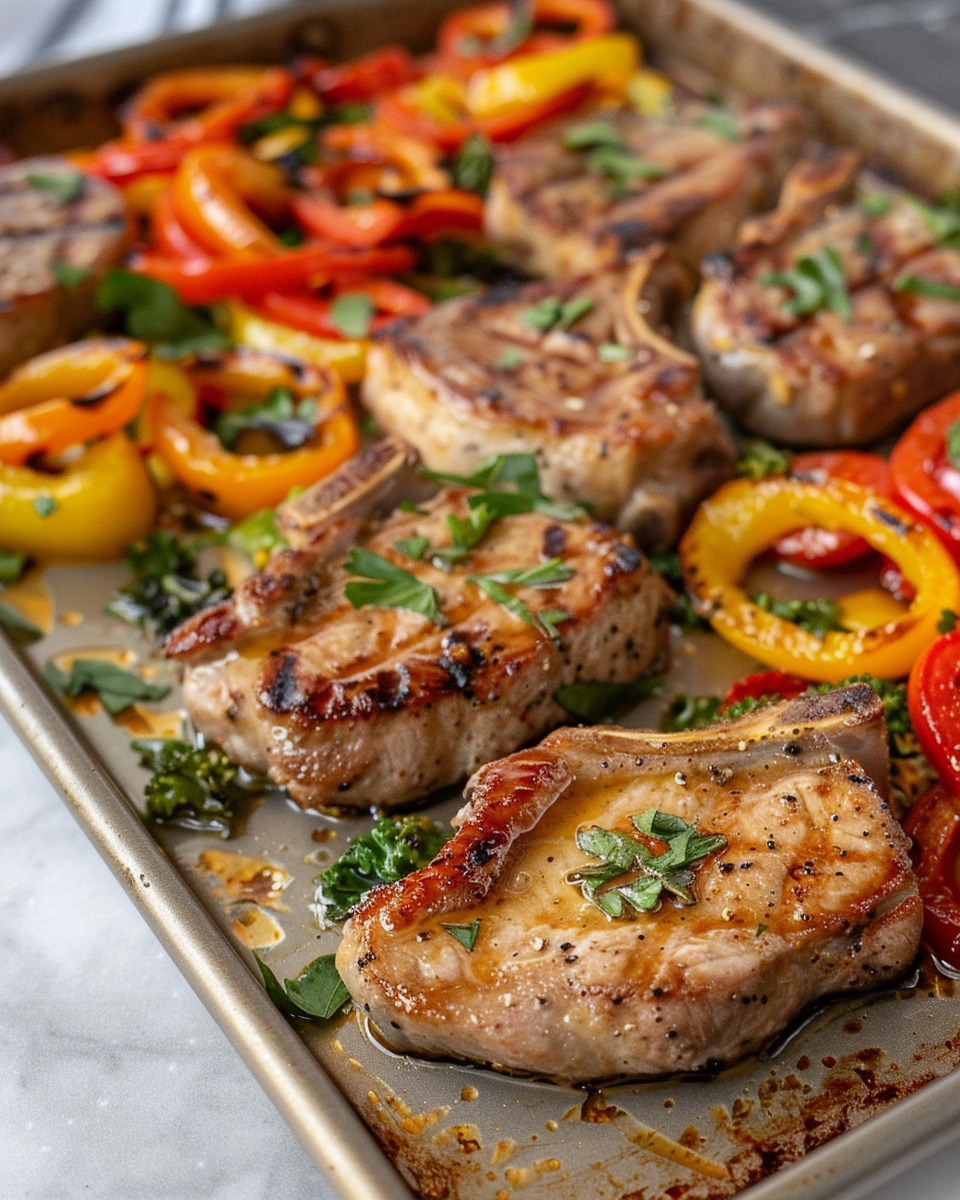Juicy roasted pork chops plated with bell peppers and broccoli