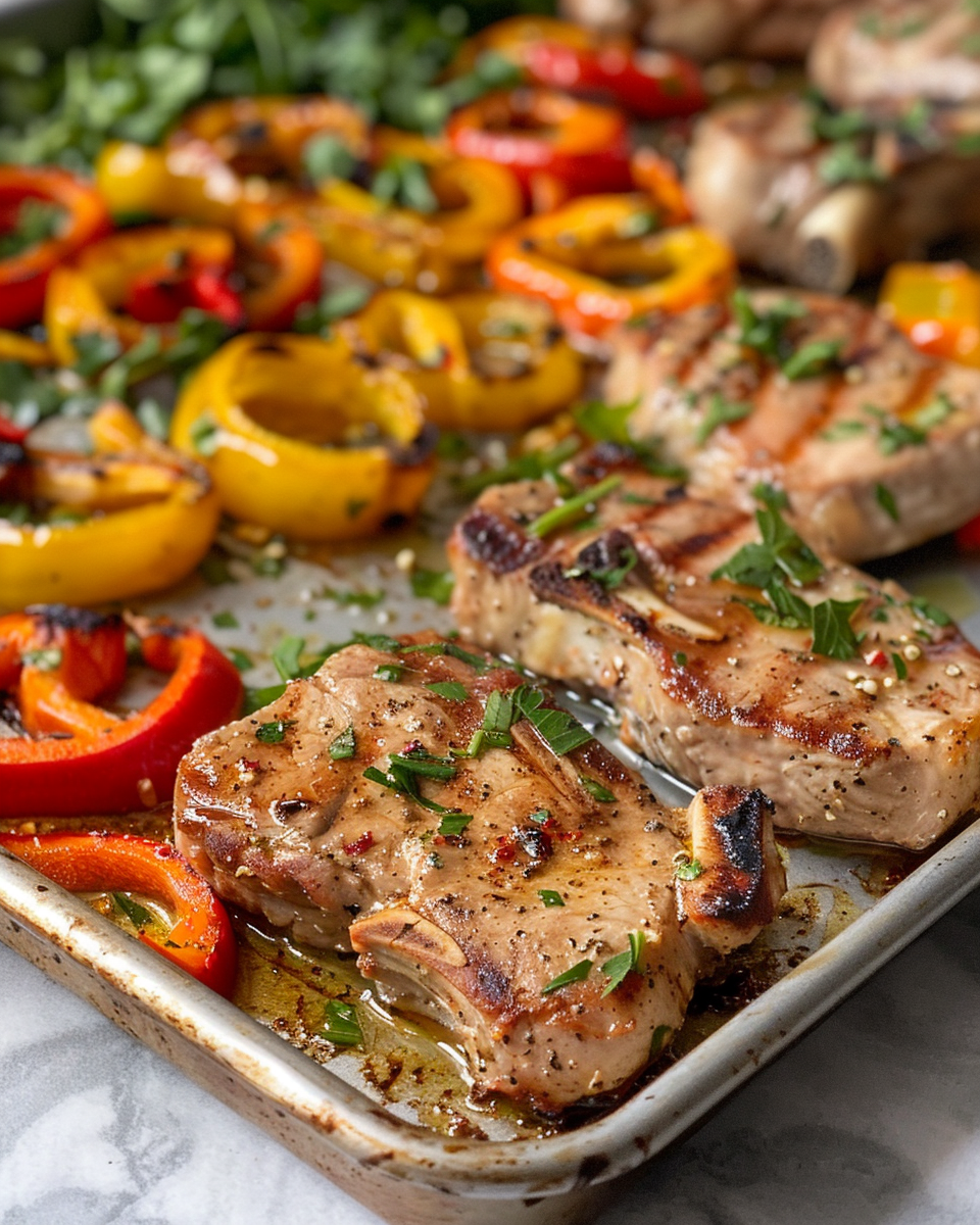 Juicy sheet pan pork chops with roasted bell peppers fresh from oven