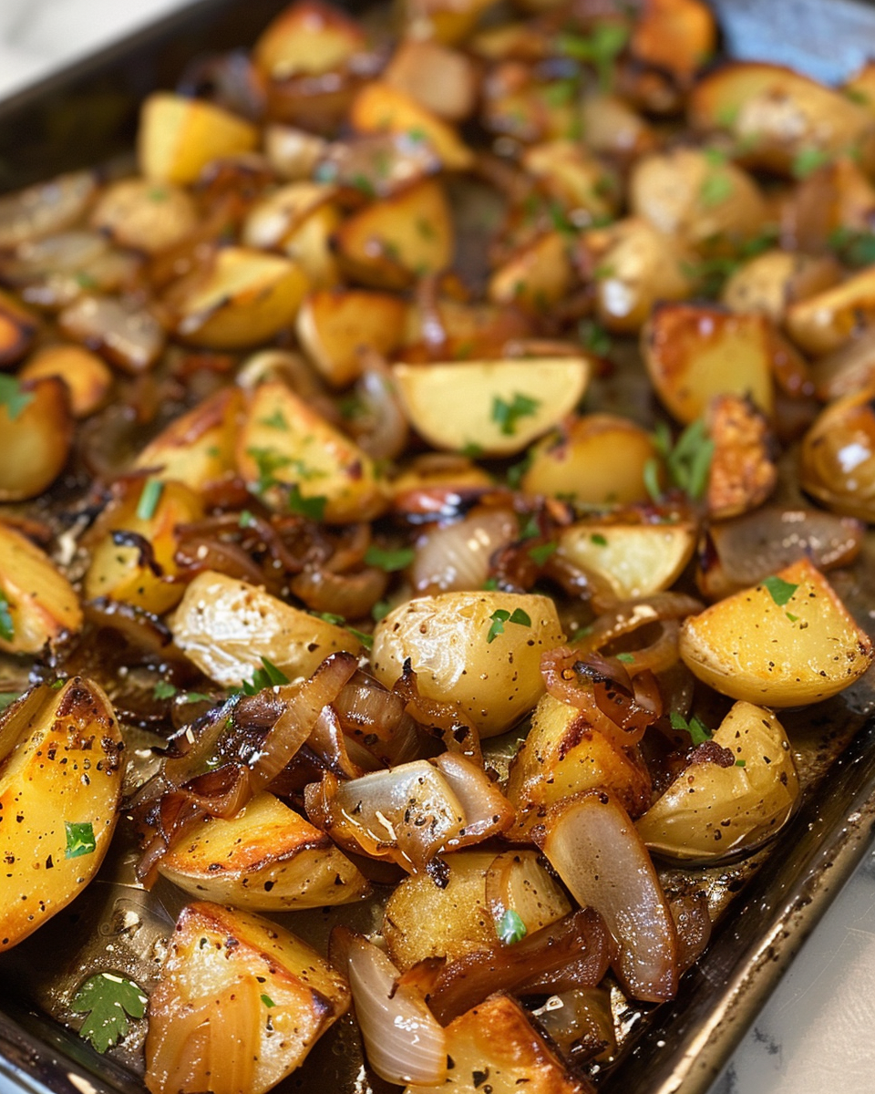 Sheet pan scalloped potatoes with caramelized onions fresh out of the oven