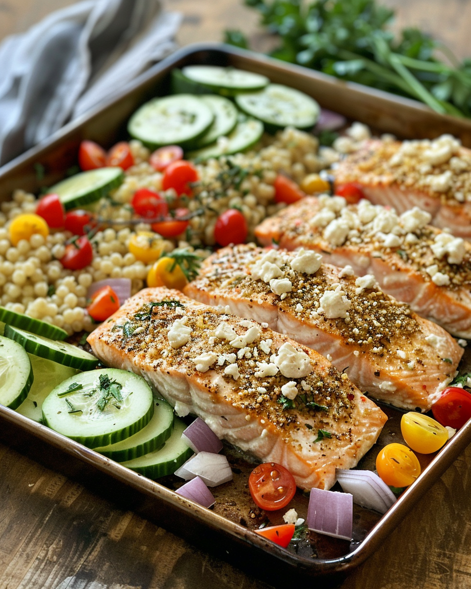 Freshly prepared sheet pan salmon with feta cheese crumble before cooking