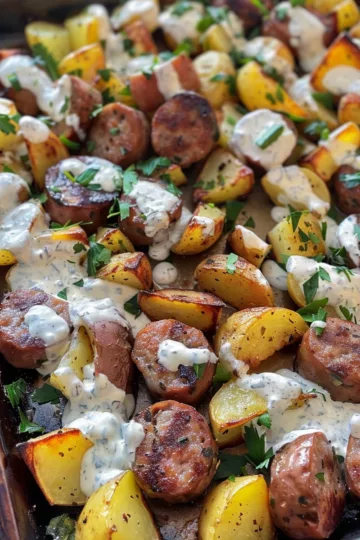 sheet pan sausage and potatoes with Greek Yogurt Sauce taken with iphone 15 pro max --iw 2 --ar 4:5 --v 6.0 --raw