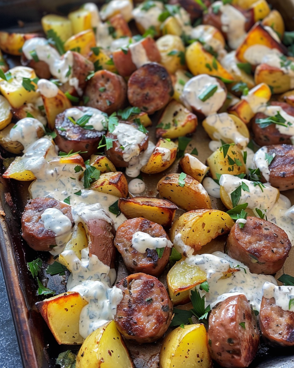 Sheet pan sausage and potatoes with Greek yogurt sauce near intro
