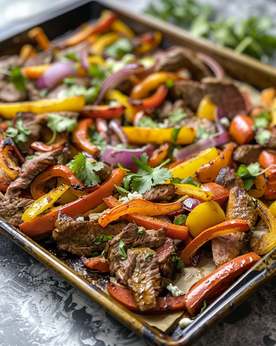 Thinly sliced London broil and bell peppers marinating in spicy olive oil and lime juice