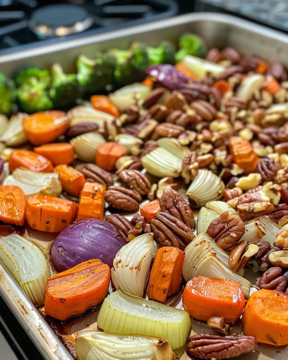 Ingredients for sheet pan veggies with olive oil, garlic salt, and fresh produce