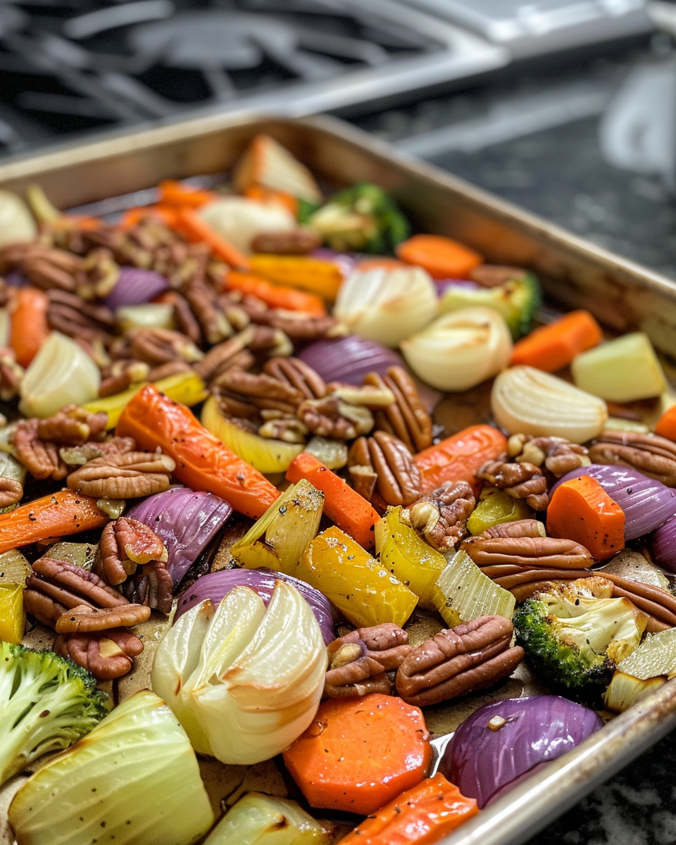 Final roasted sheet pan veggies with pecans, goat cheese, and fresh basil served on pan