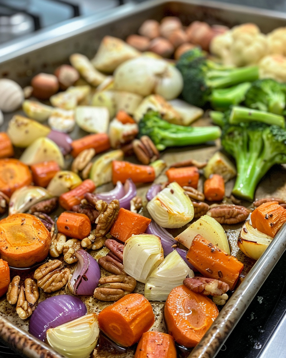 Sheet pan veggies with pecans and maple syrup right after pressure cooking