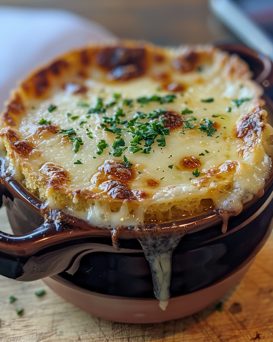 Final served French onion soup with melted cheese and toasted bread