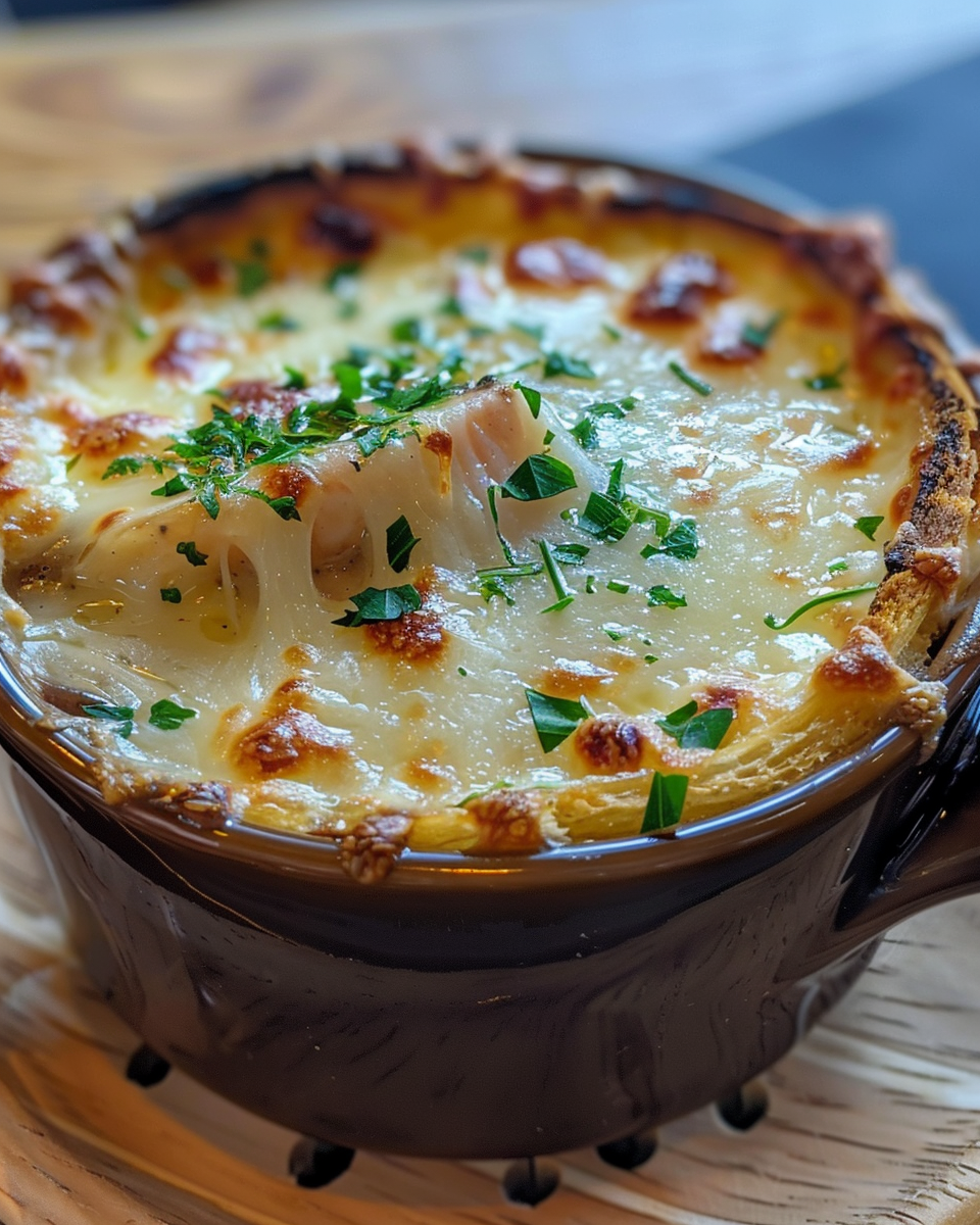 Steam rising from pressure cooker with French onion soup