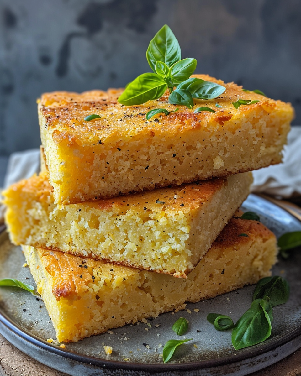 Raw sourdough cornbread batter with basil being poured into baking pan