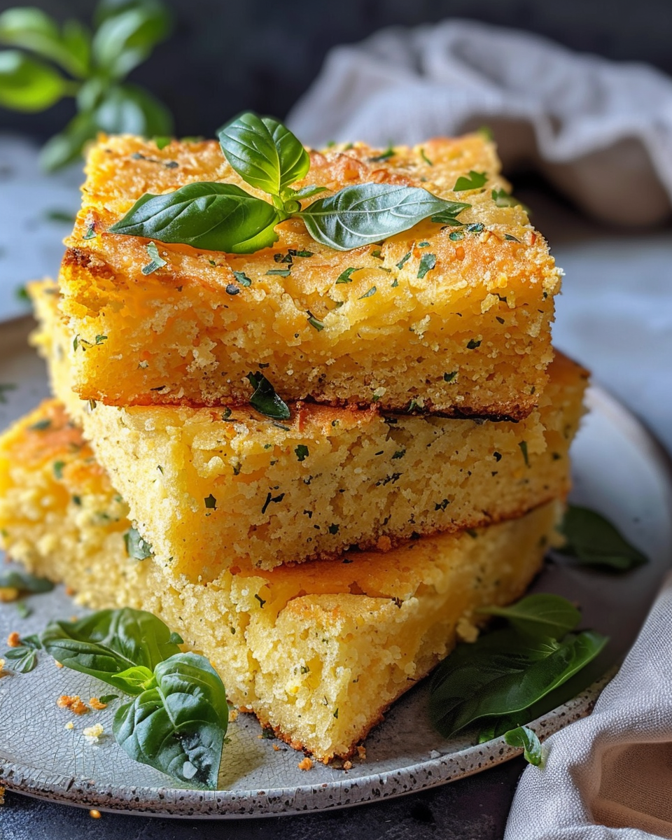 Close up of sourdough cornbread with fresh basil after pressure cooking