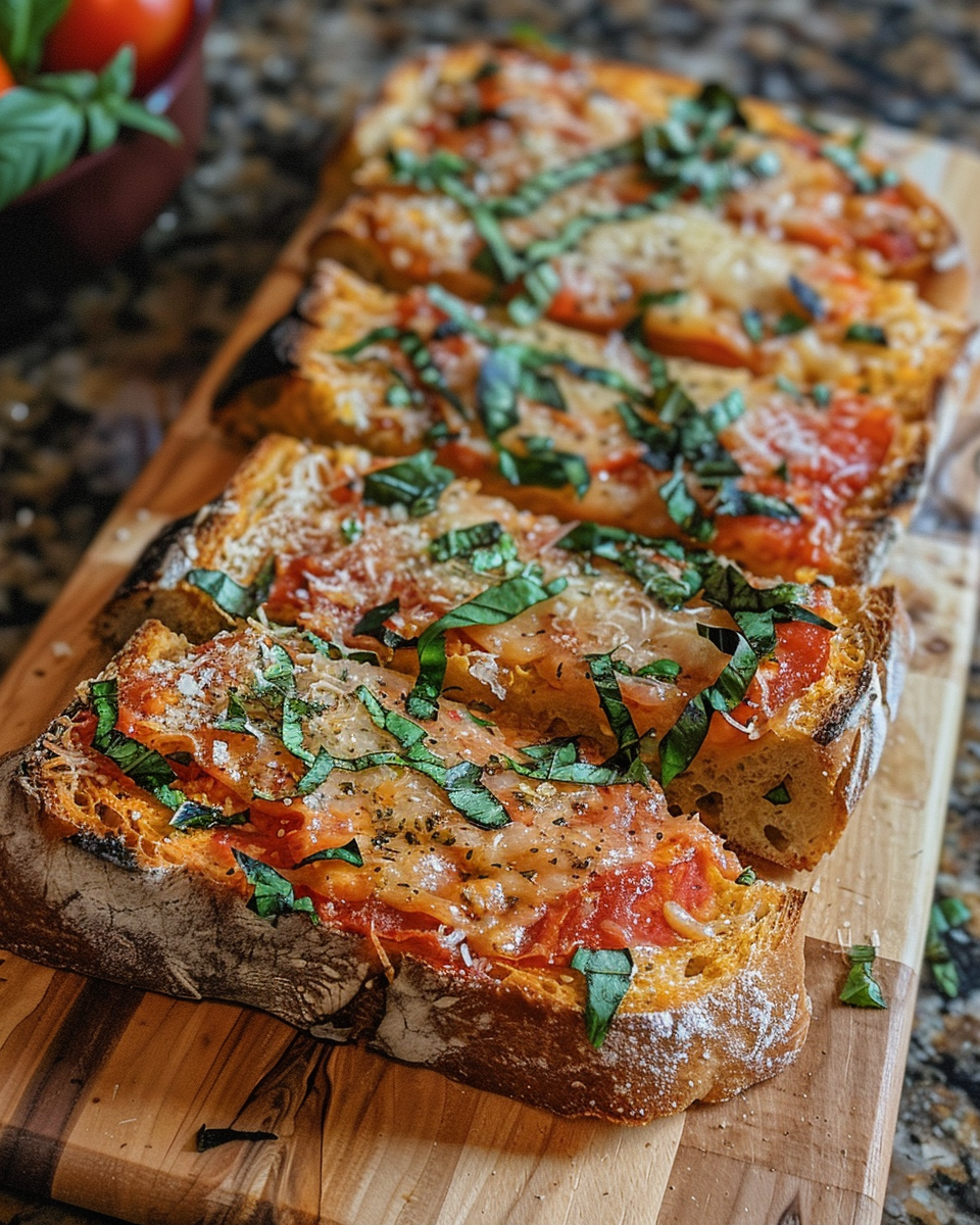 Ingredients on chopping board: tomatoes, basil, garlic, olive oil