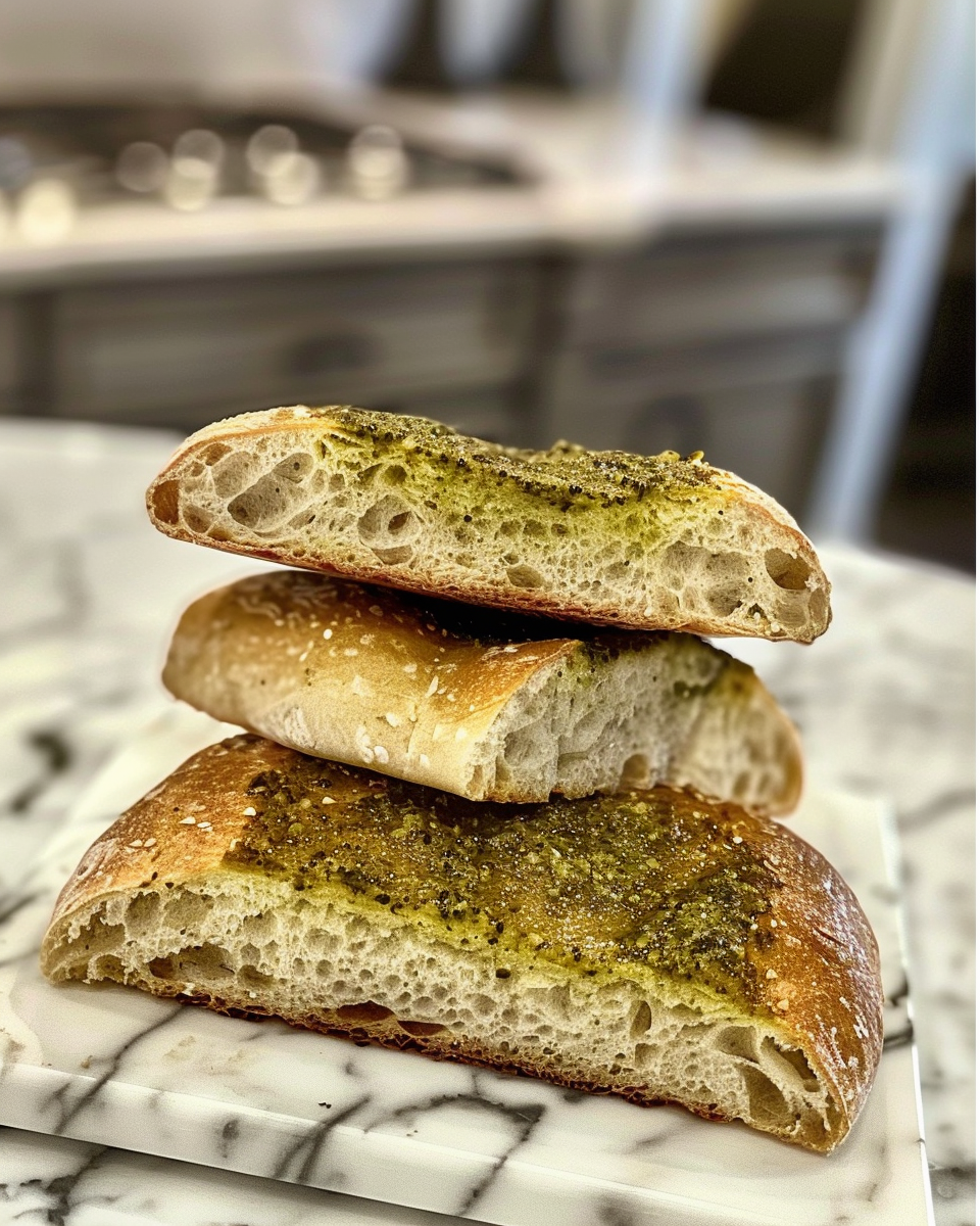 Pressure cooker sandwich with crusty bread and pesto drizzle