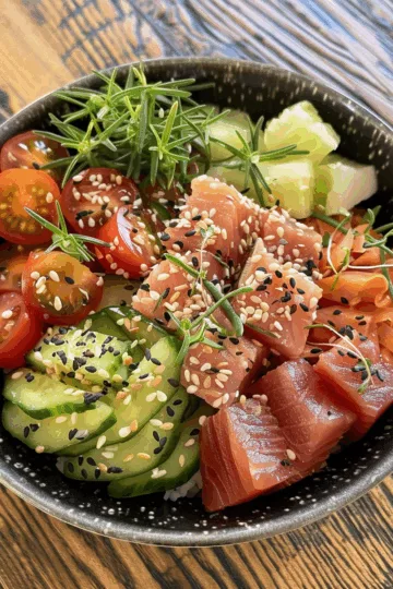 tuna bowl with Garlic and Rosemary taken with iphone 15 pro max --iw 2 --ar 4:5 --v 6.0 --raw