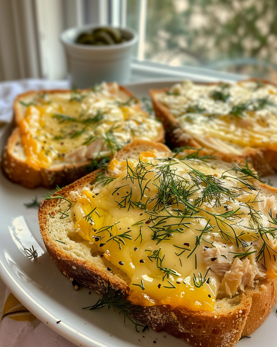 Freshly grilled tuna melt sandwich with melted cheese and tomato slices