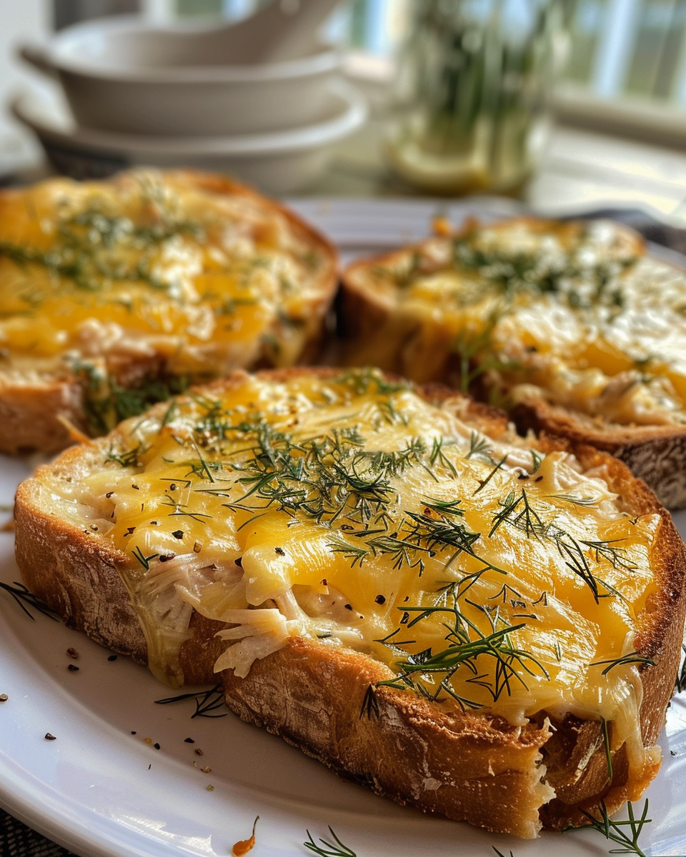 Fresh tuna melt sandwich with lemon zest and dill on a plate
