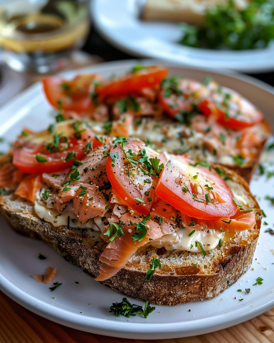 Finished salmon melt with melted cheese and fresh tomato slices served hot